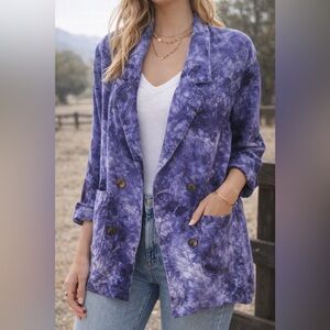 Amadi Anthropologie Blue Tie Dye Linen Blend Blazer Oversized Made in USA, S